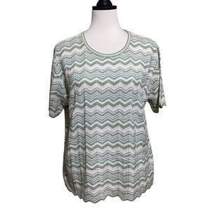 Alfred Dunner Short Sleeve Green Chevron‎ Striped Thin Knit Sweater L